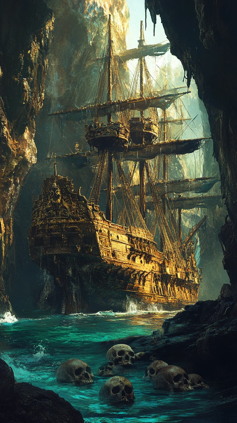 Golden pirate ship stranded in a sunlit sea cave