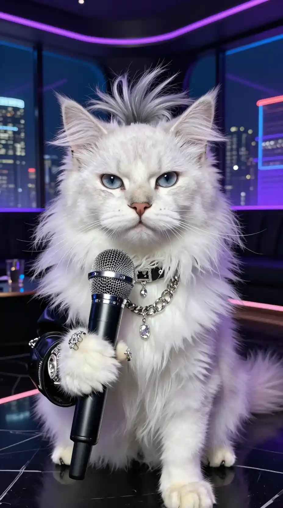 Stylish white cat idol singing with crystal microphone