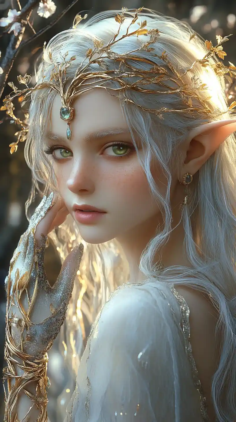 Elegant high elf woman in a glowing enchanted forest
