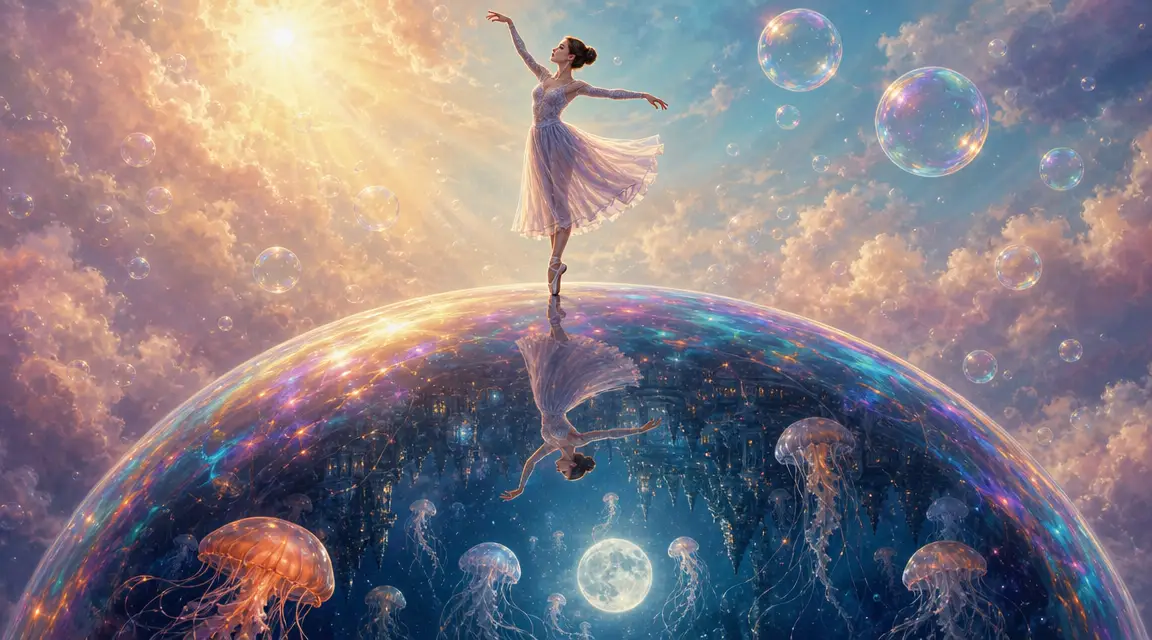 Ballerina tanzt auf einer riesigen schillernden Seifenblase