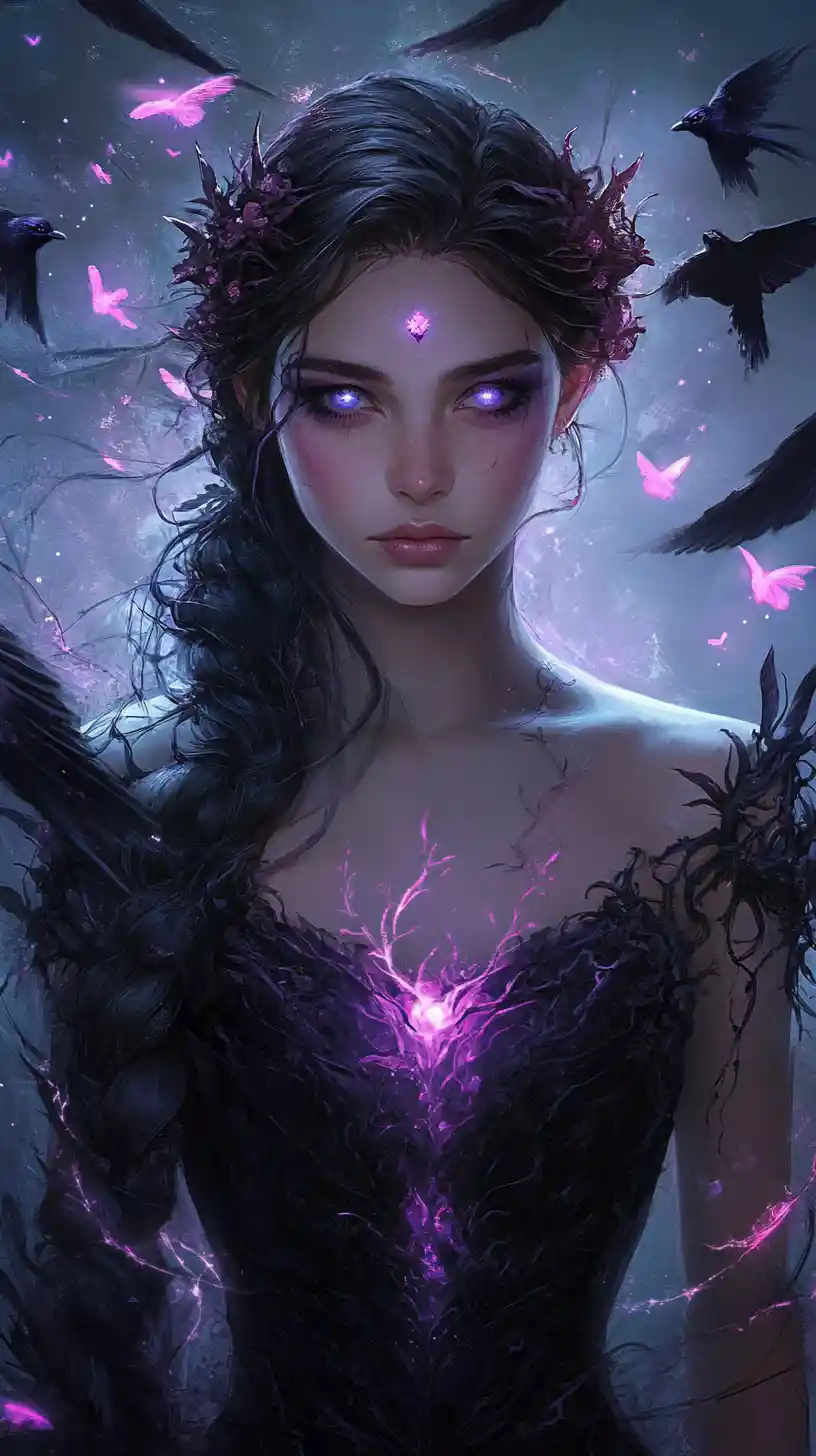 Gothic fantasy sorceress with glowing purple magic veins