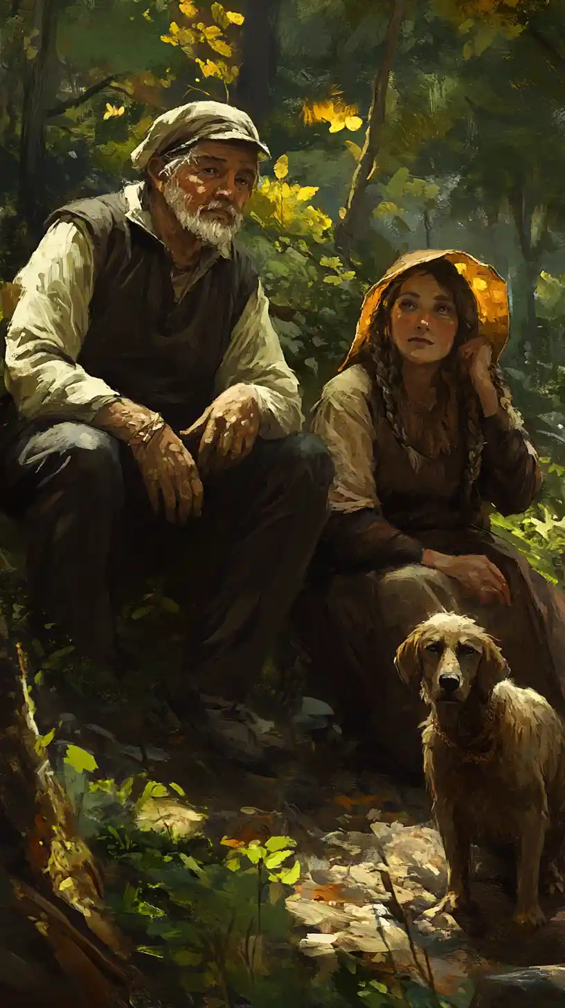 Farmer family and handmaid gathered on a rustic farm