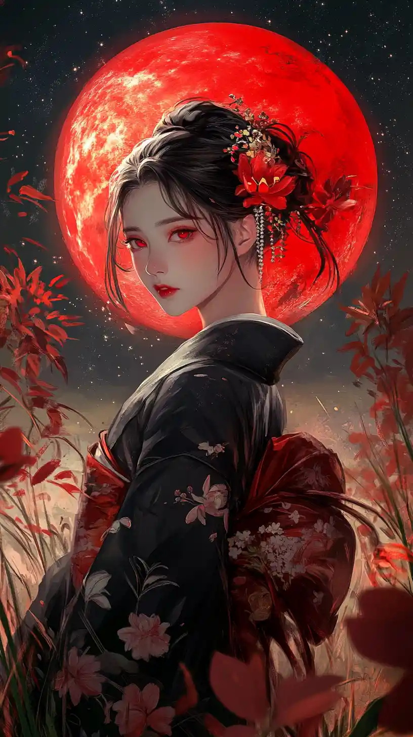 Anime woman in kimono under a glowing red full moon