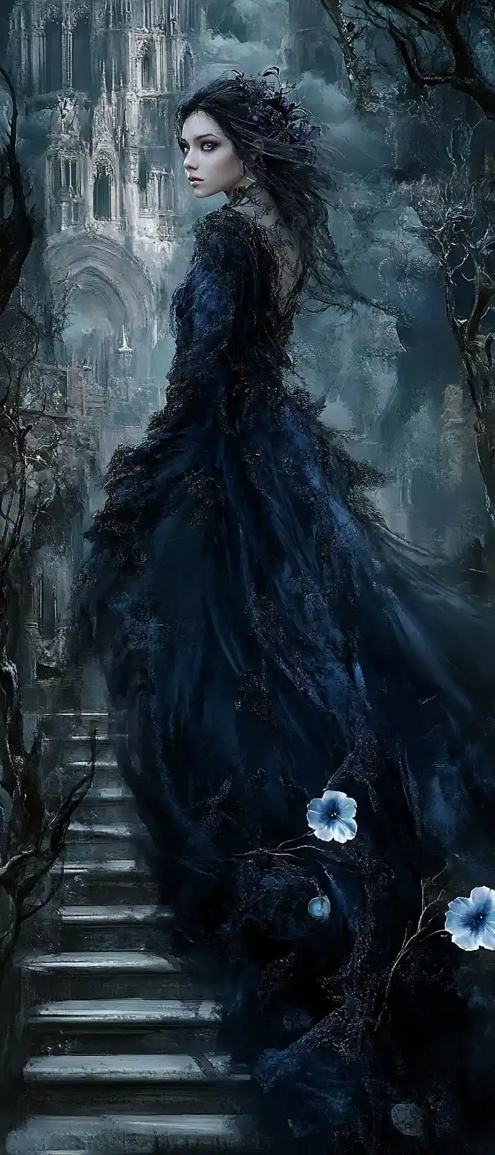 Gothic woman in flowing gown on ancient stone stairs