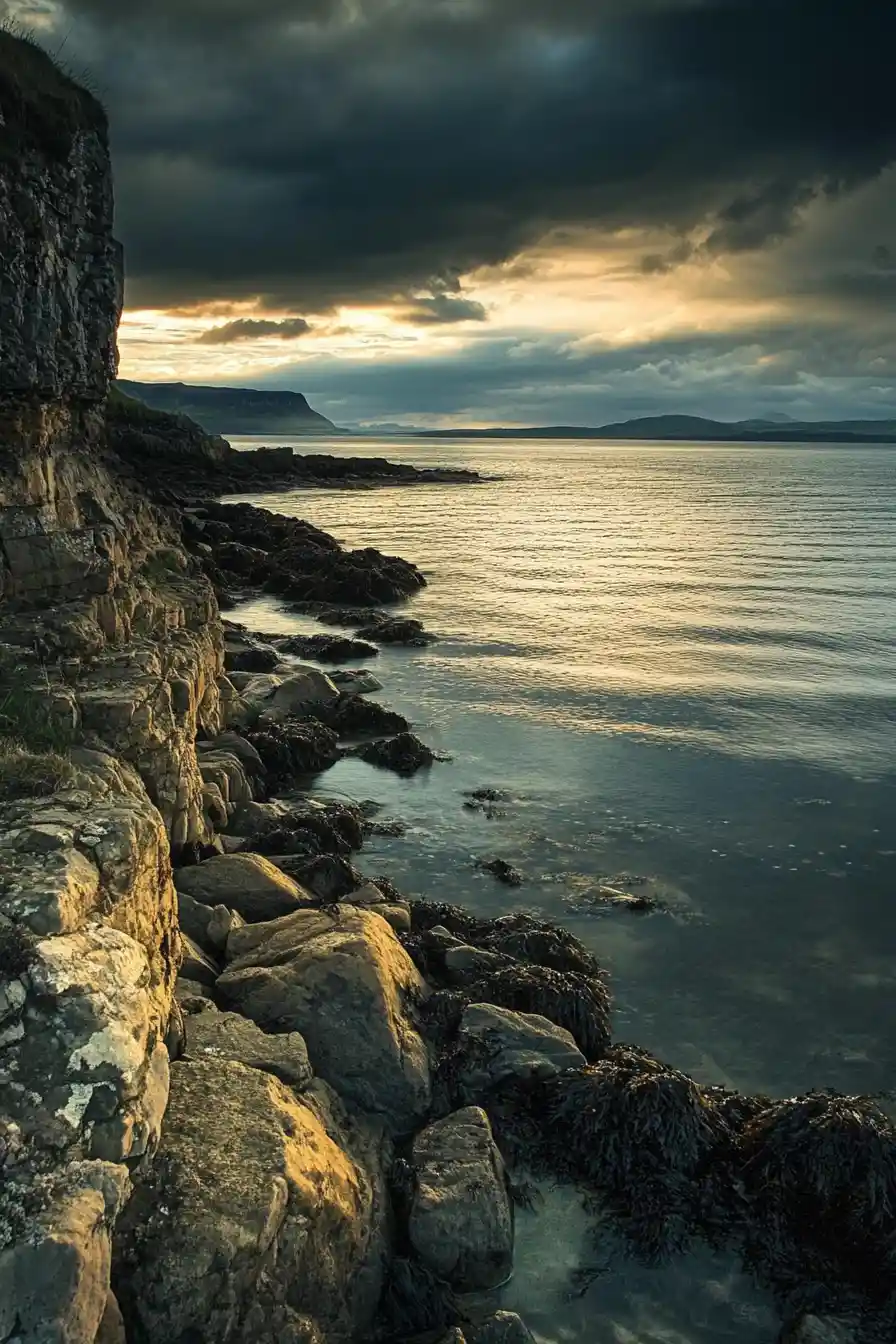 Colorful evening seascape with distant moorland coast