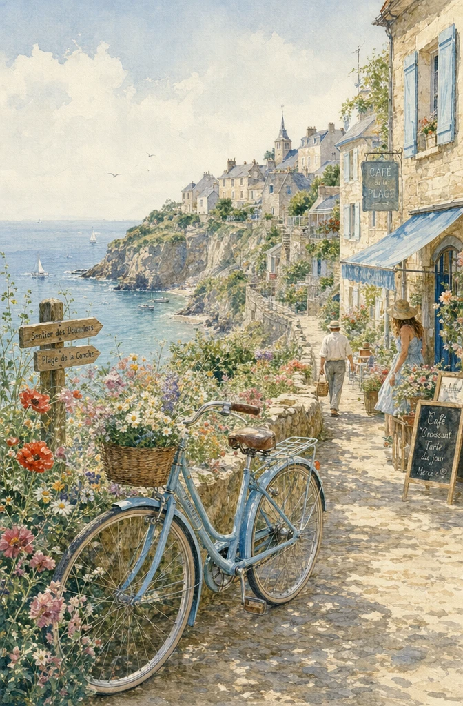 Watercolor French village by the sea with blue bicycle
