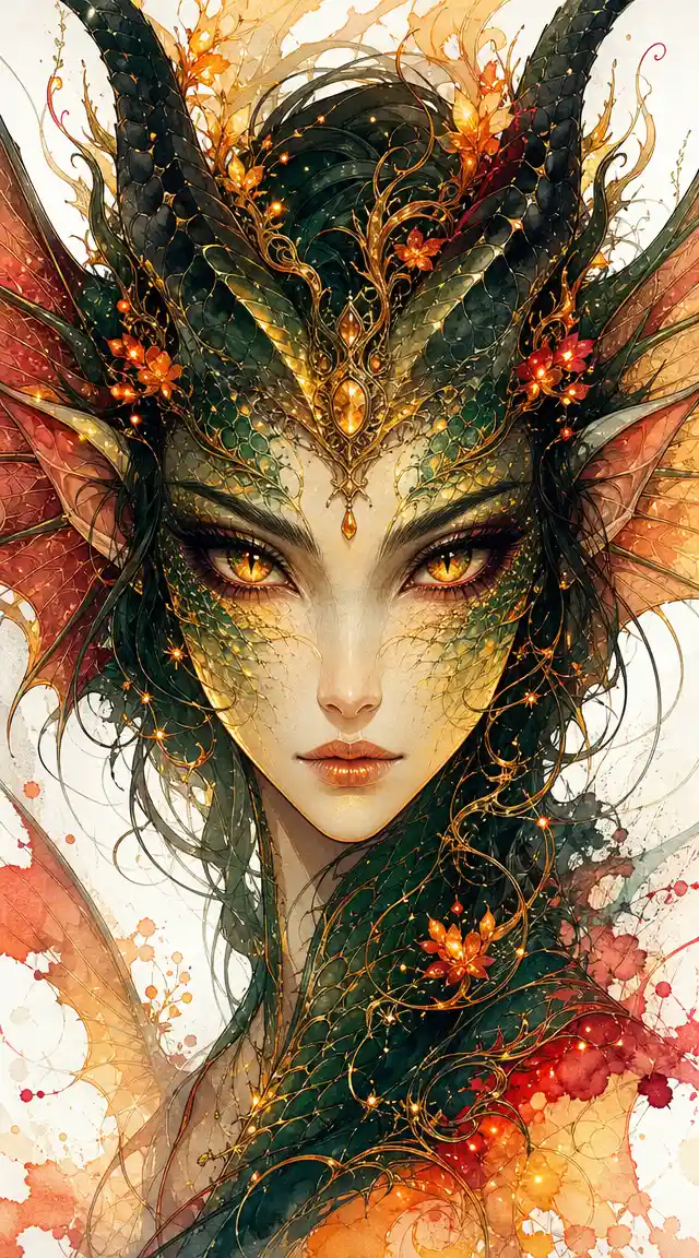 Dragon human hybrid woman portrait in watercolor ink style