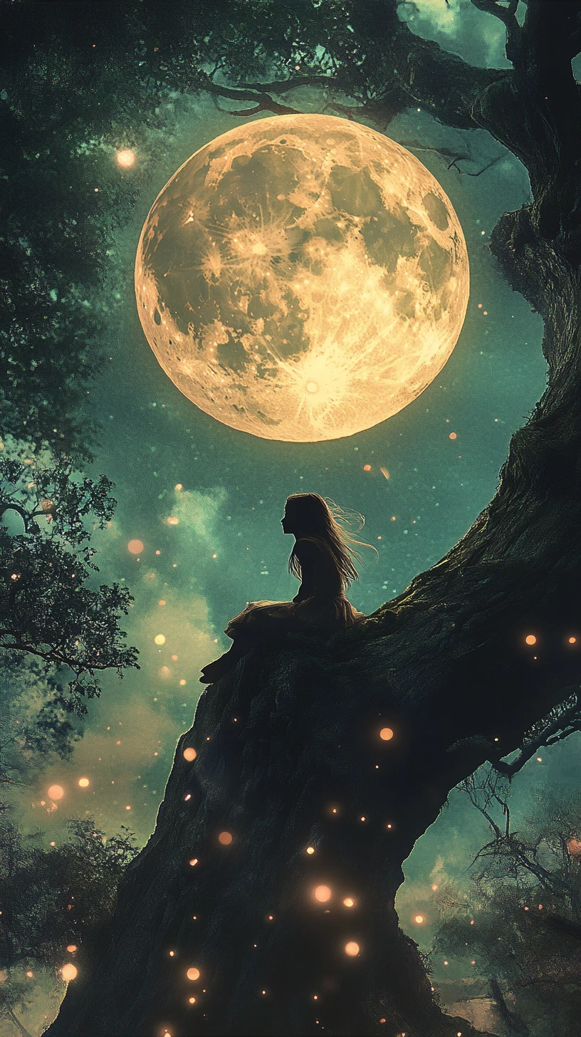Girl On Ancient Tree Branch Under A Luminous Full Moon