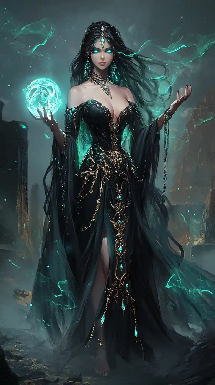 Elegant fantasy witch summoning glowing turquoise magic