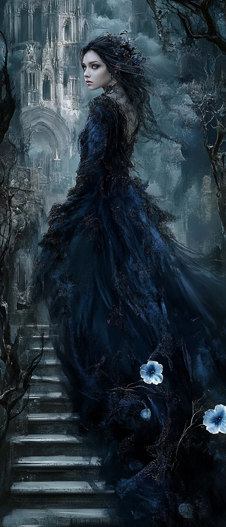 Gothic woman in flowing gown on ancient stone stairs