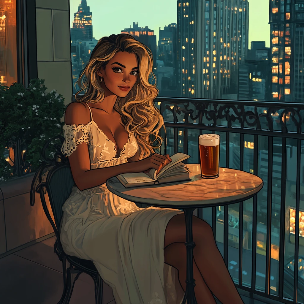 Woman on rooftop terrace overlooking neon cityscape at night