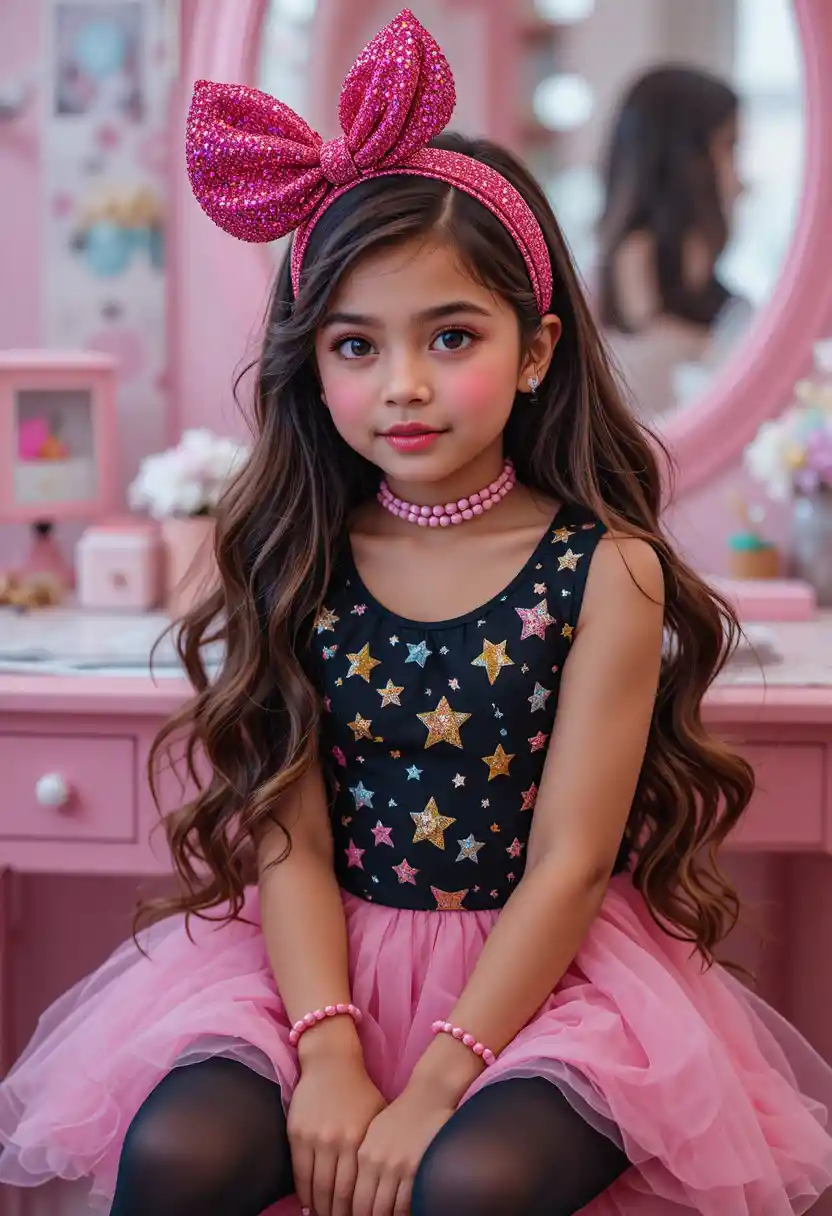 Shy tween in pink dress at a sparkling vanity mirror