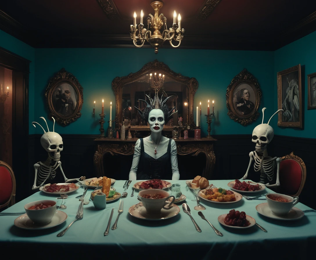 Surreal comic horror scene of a sensual mysterious woman
