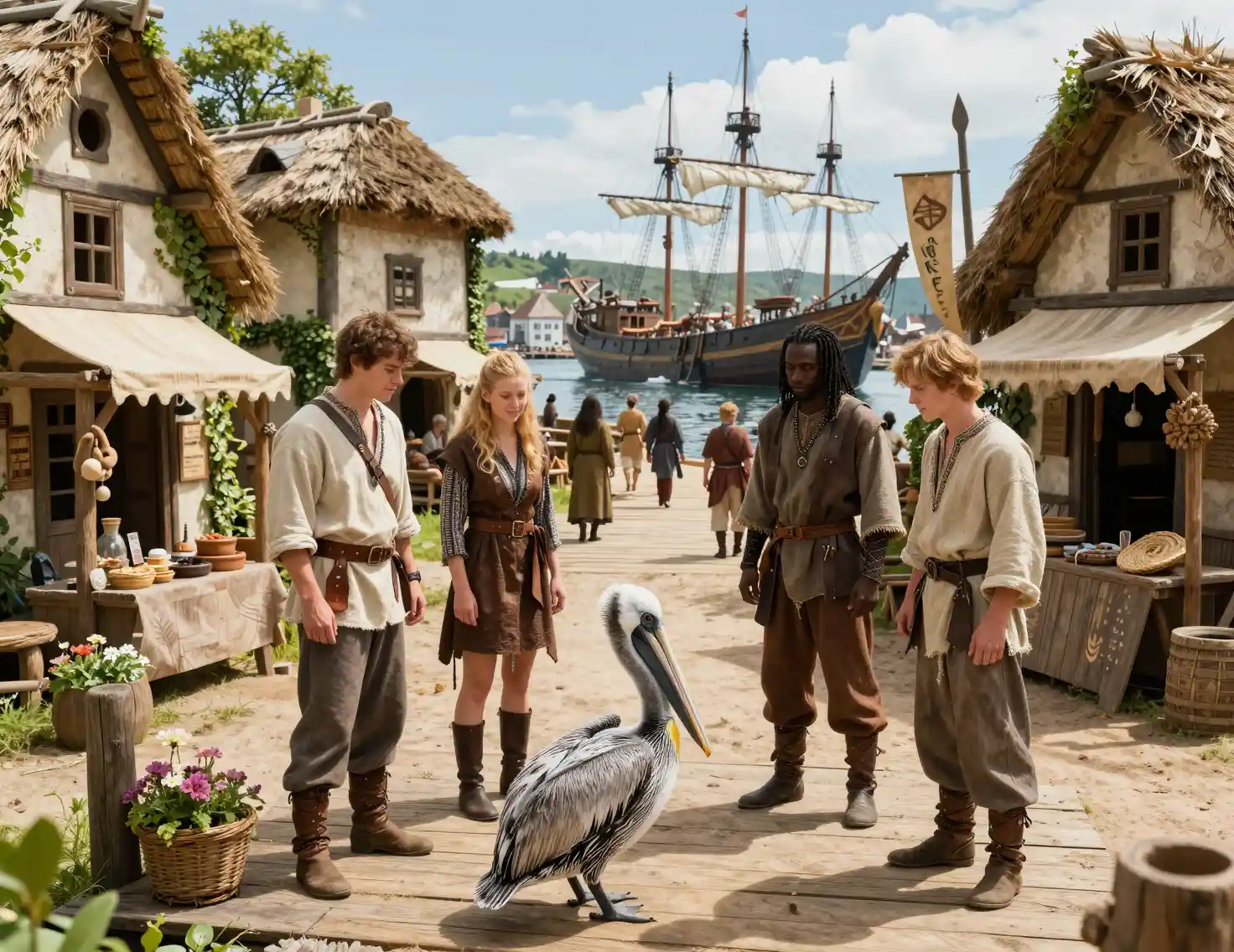 Fantasy travelers watching a pelican on a sunny port dock