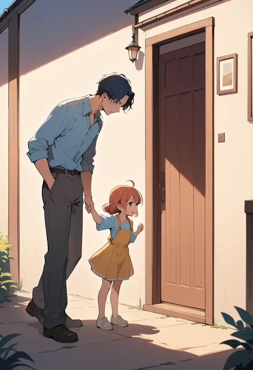 Father bending to admire his daughters wet painting