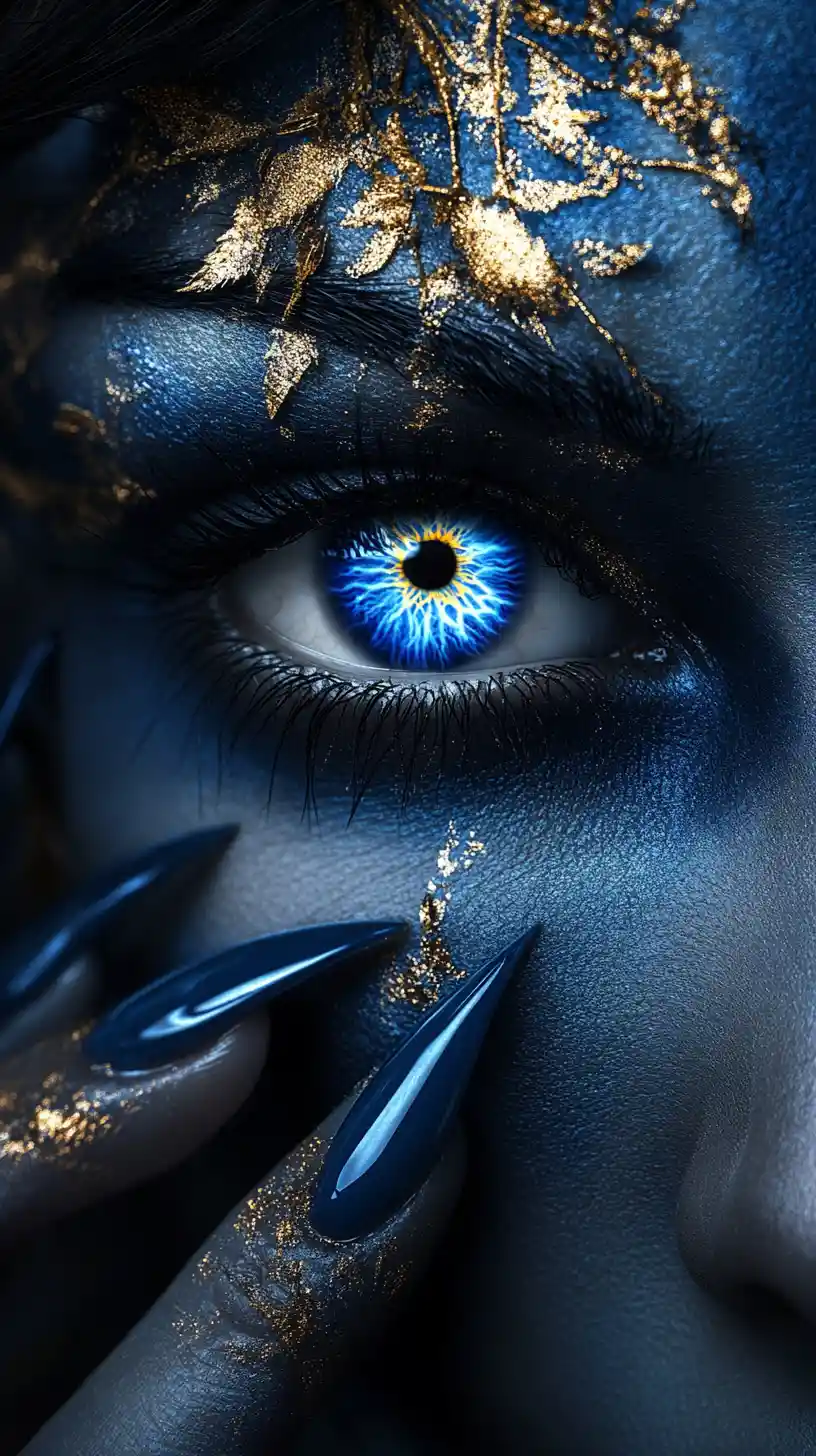 Mystical blue eye close up with ornate gold body art