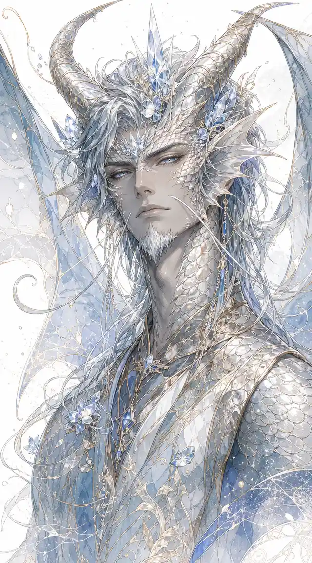 Regal dragon humanoid portrait in silver watercolor ink