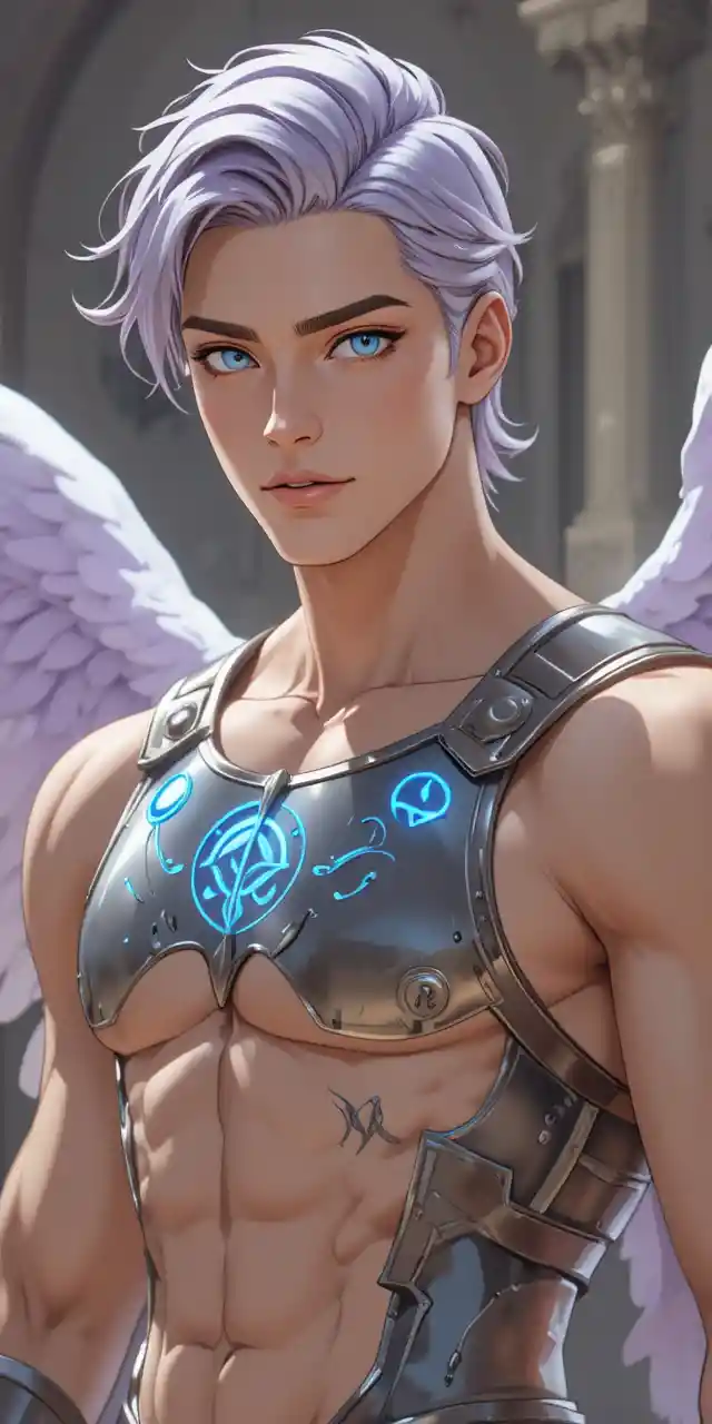Winged anime warrior in silver rune armor with lilac hair