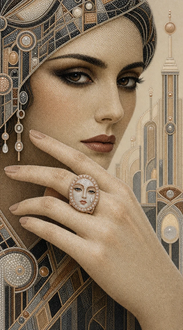 Woman with jeweled face ring in surreal pointillist style