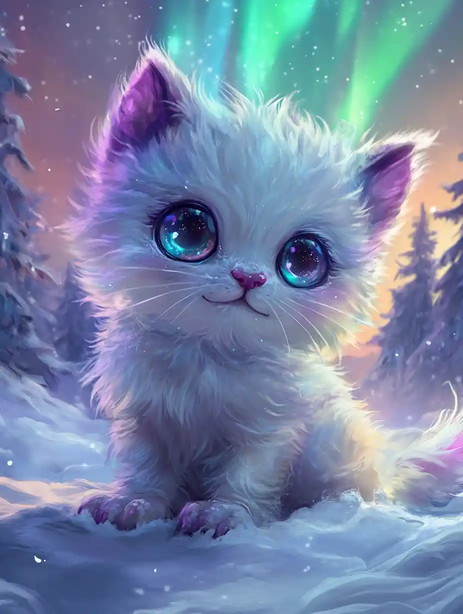 Chibi aurora creature with glowing eyes in snowy night landscape