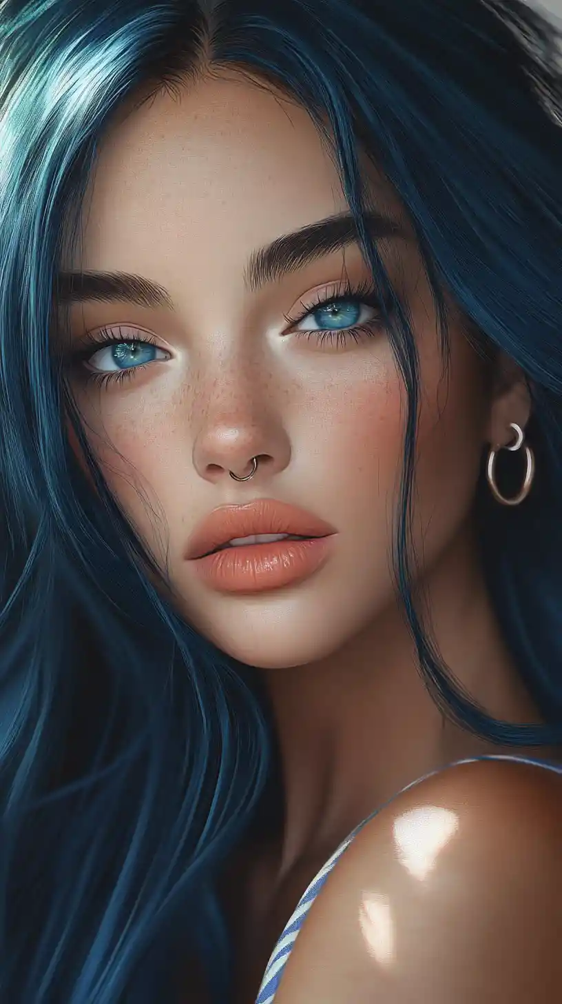 Anime close up portrait of a blue haired woman