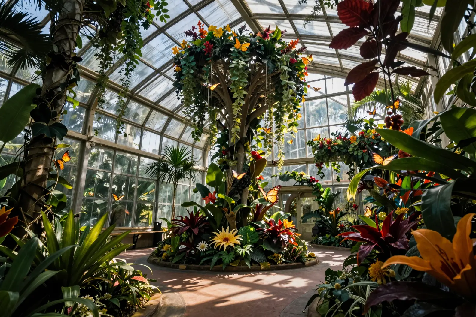 Magical tropical greenhouse filled with flowers and butterflies