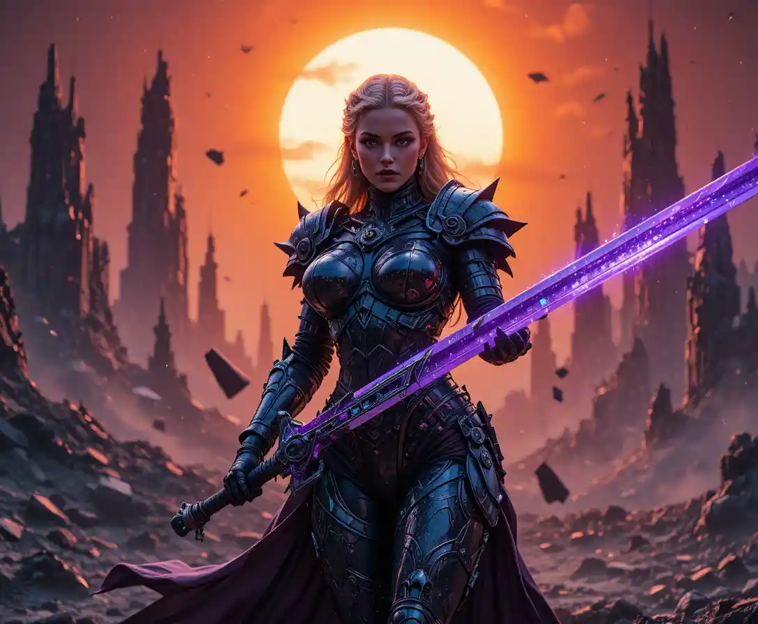 Dark paladin woman with violet runeblade under eclipse