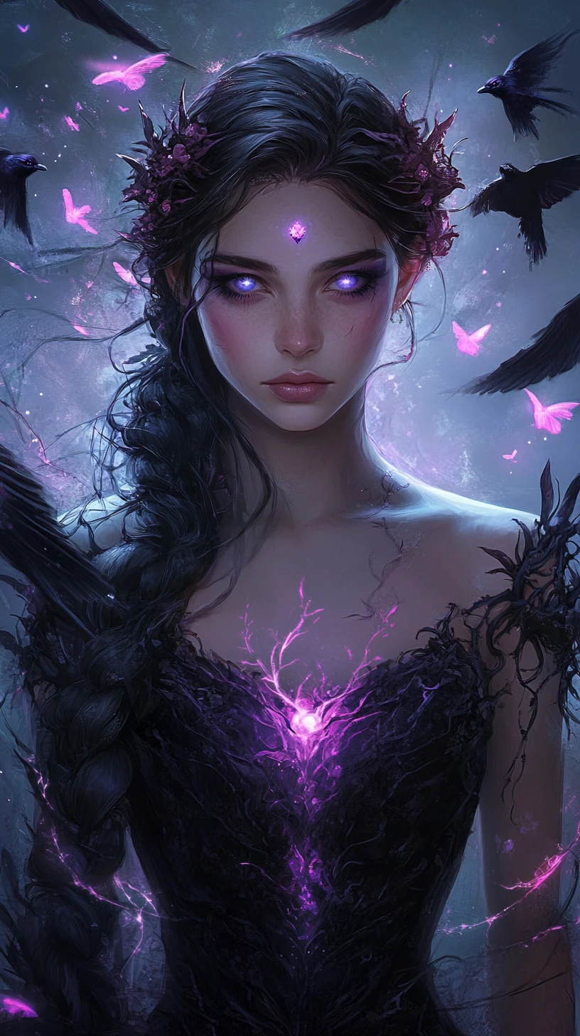 Gothic fantasy sorceress with glowing purple magic veins