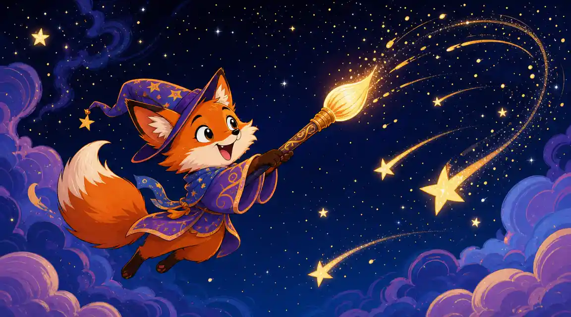 Whimsical cartoon fox painting stars in the night sky