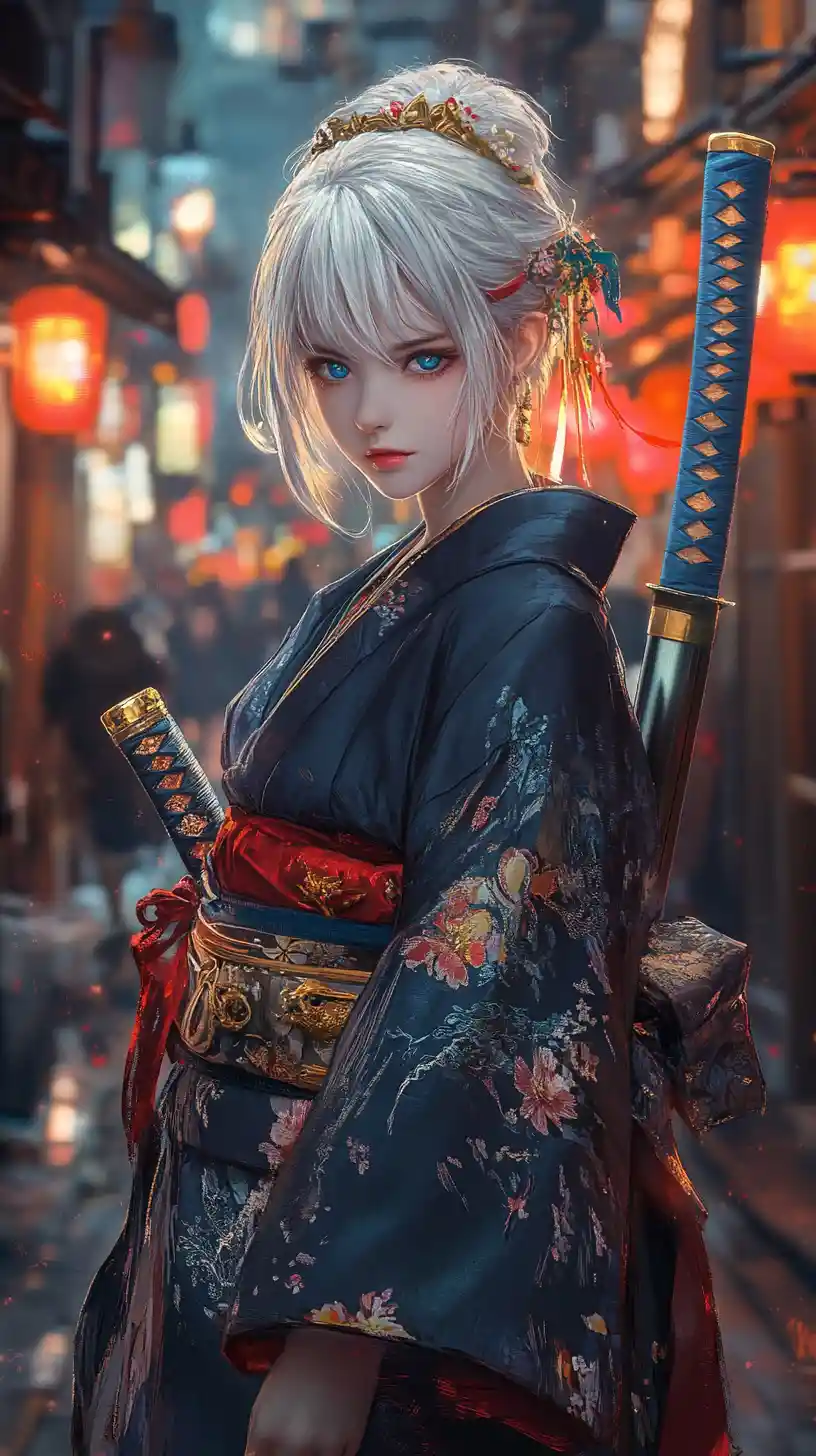 Silver haired samurai woman in dragon kimono at night