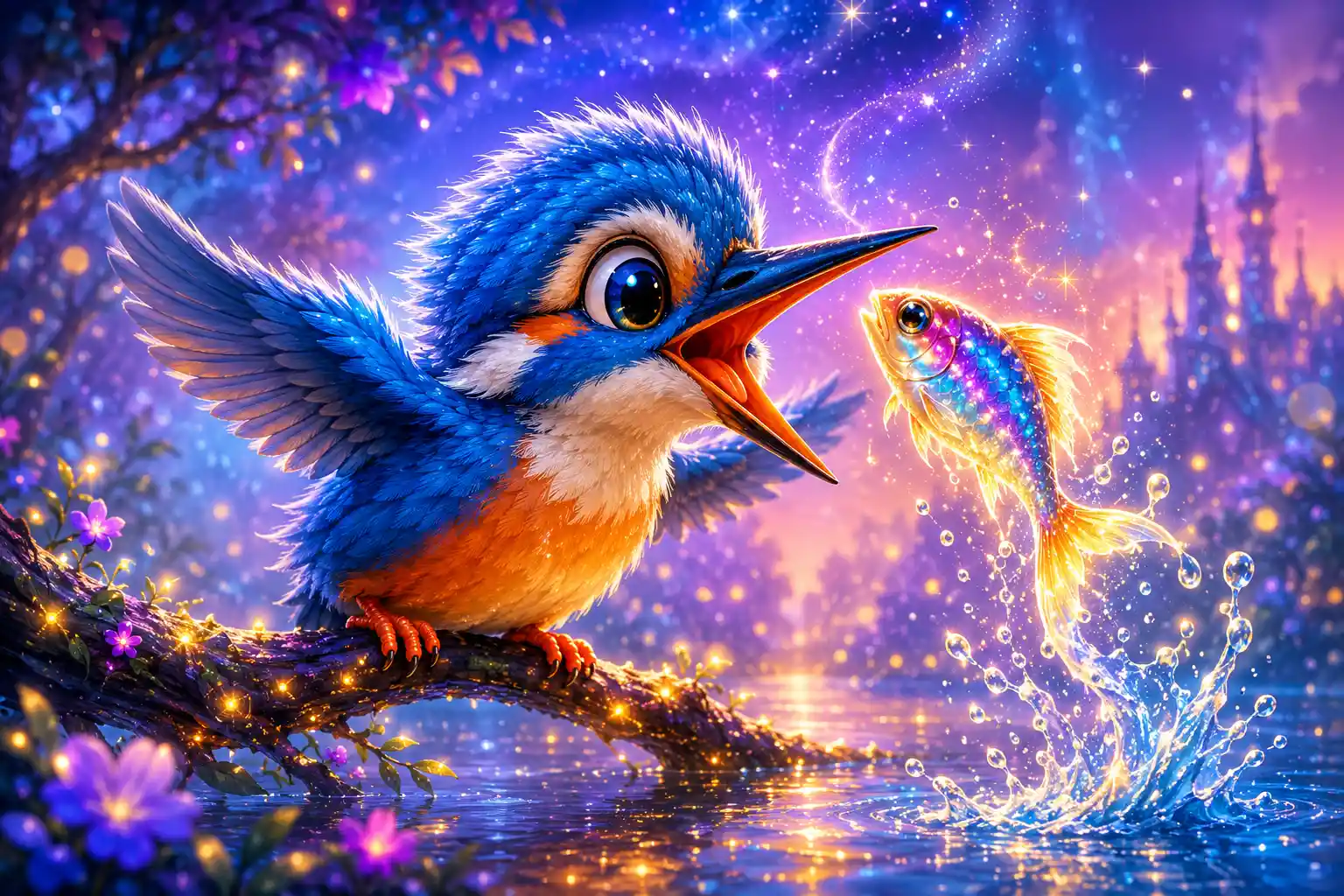 Cute kingfisher chick on glowing branch chasing a fish