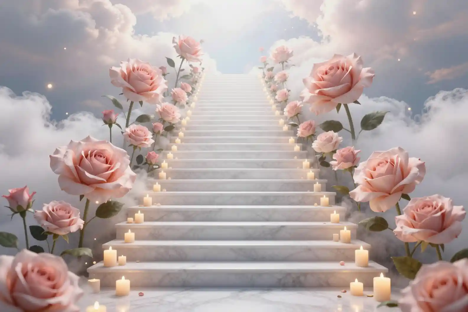 White Marble Stairway Rising Into Soft Dreamy Clouds