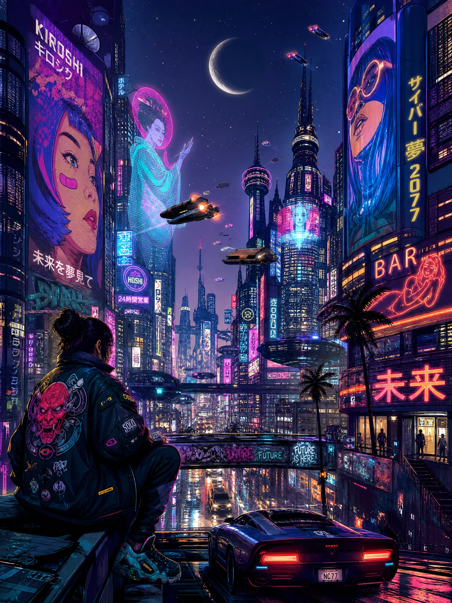Neon futuristic city skyline under a glowing crescent moon