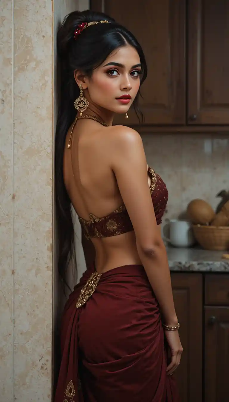 Tall woman in low waist sari posing in kitchen
