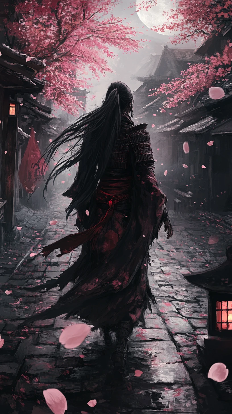 Samurai woman walking through moonlit cherry blossom street
