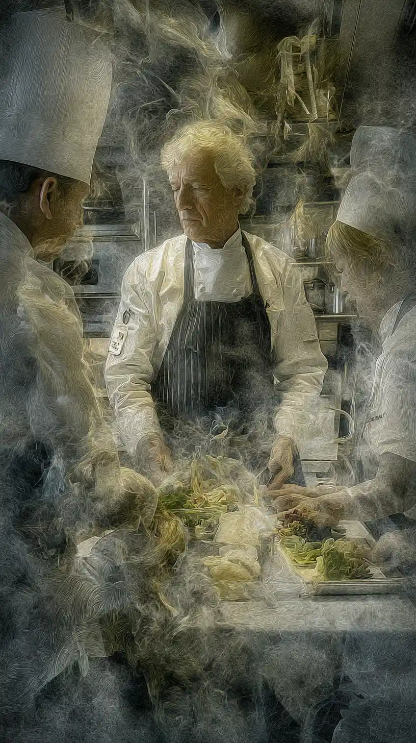 Chef taking restaurant orders and cooking in busy kitchen