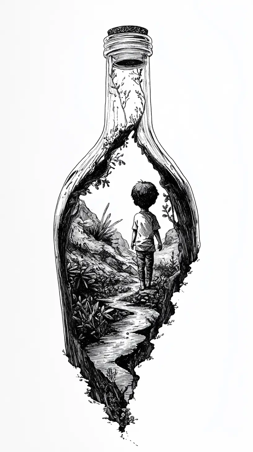 Tiny child inside a giant ink bottle in monochrome art