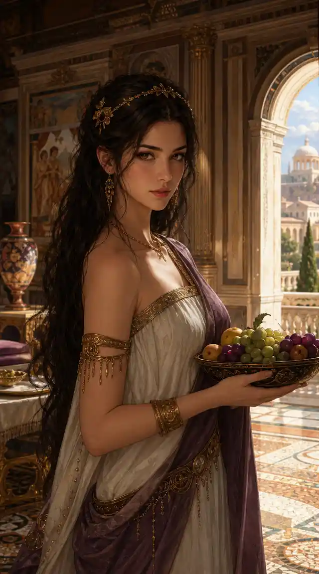 Elegant anime Roman girl holding fruit in a palace