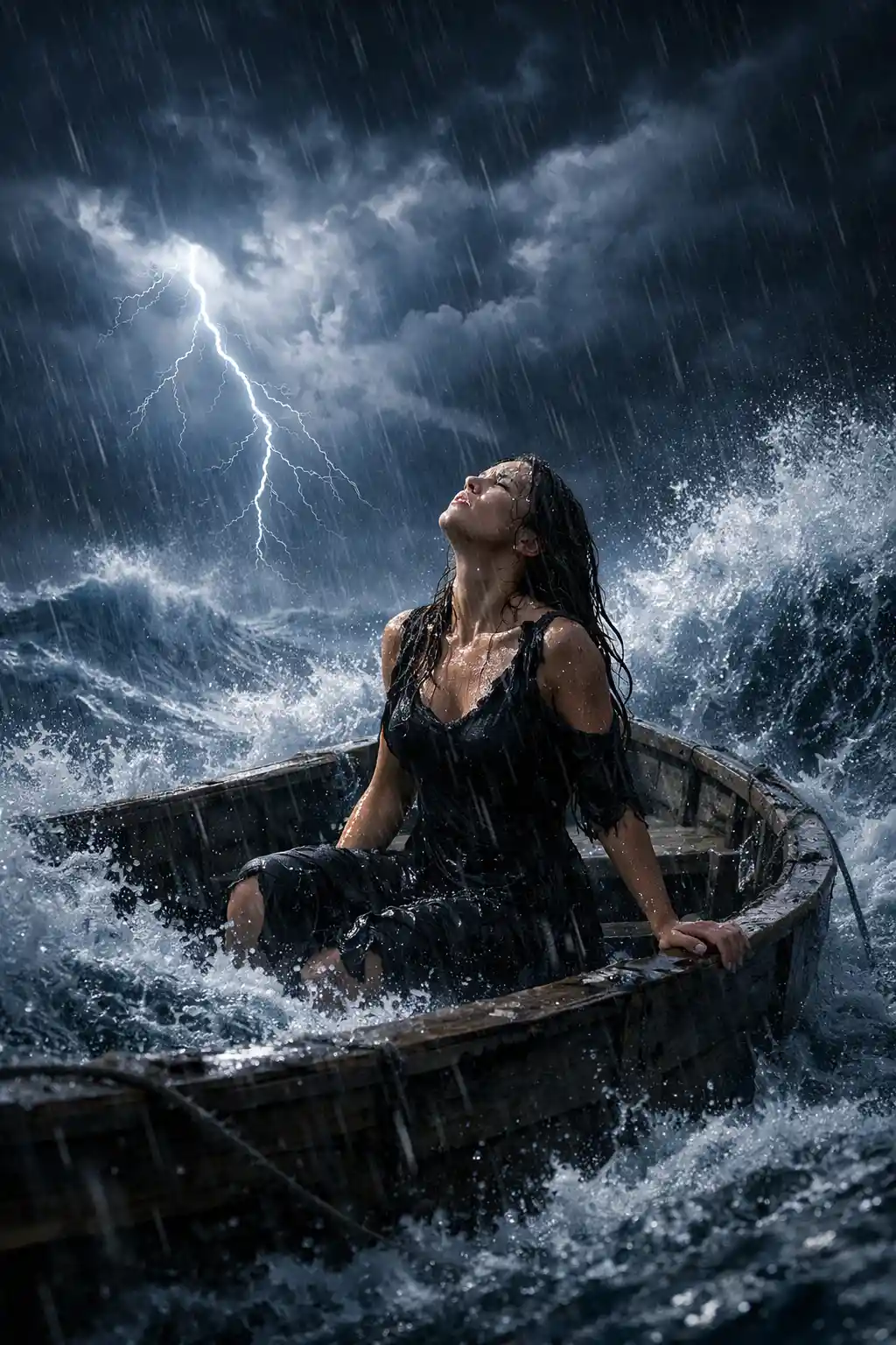 Woman alone in a small boat on a stormy ocean night