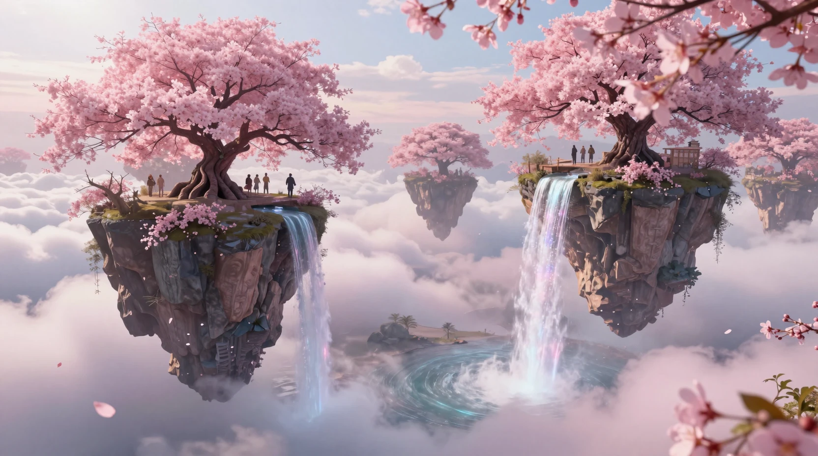 Floating sky islands with cherry trees above pink clouds