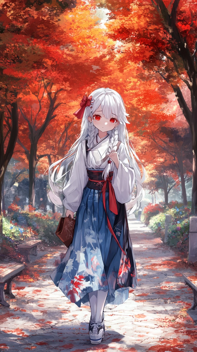 Garota de anime caminhando em um parque de outono com árvores vermelhas