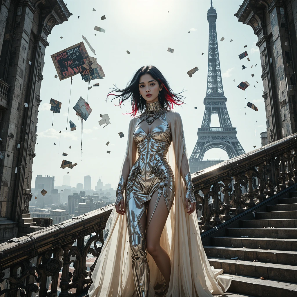 Cyberpunk woman on palace staircase above ruined Paris