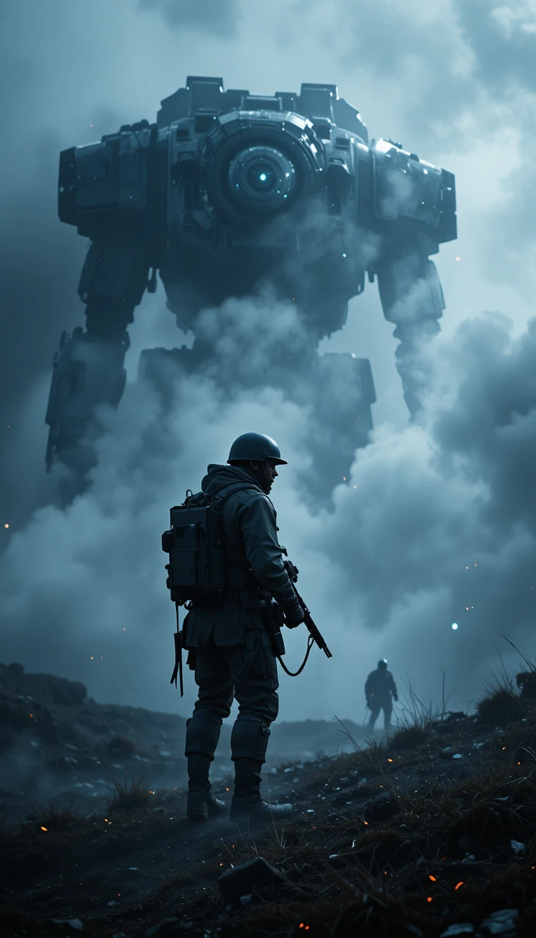 Terrified modern soldier on a foggy night battlefield