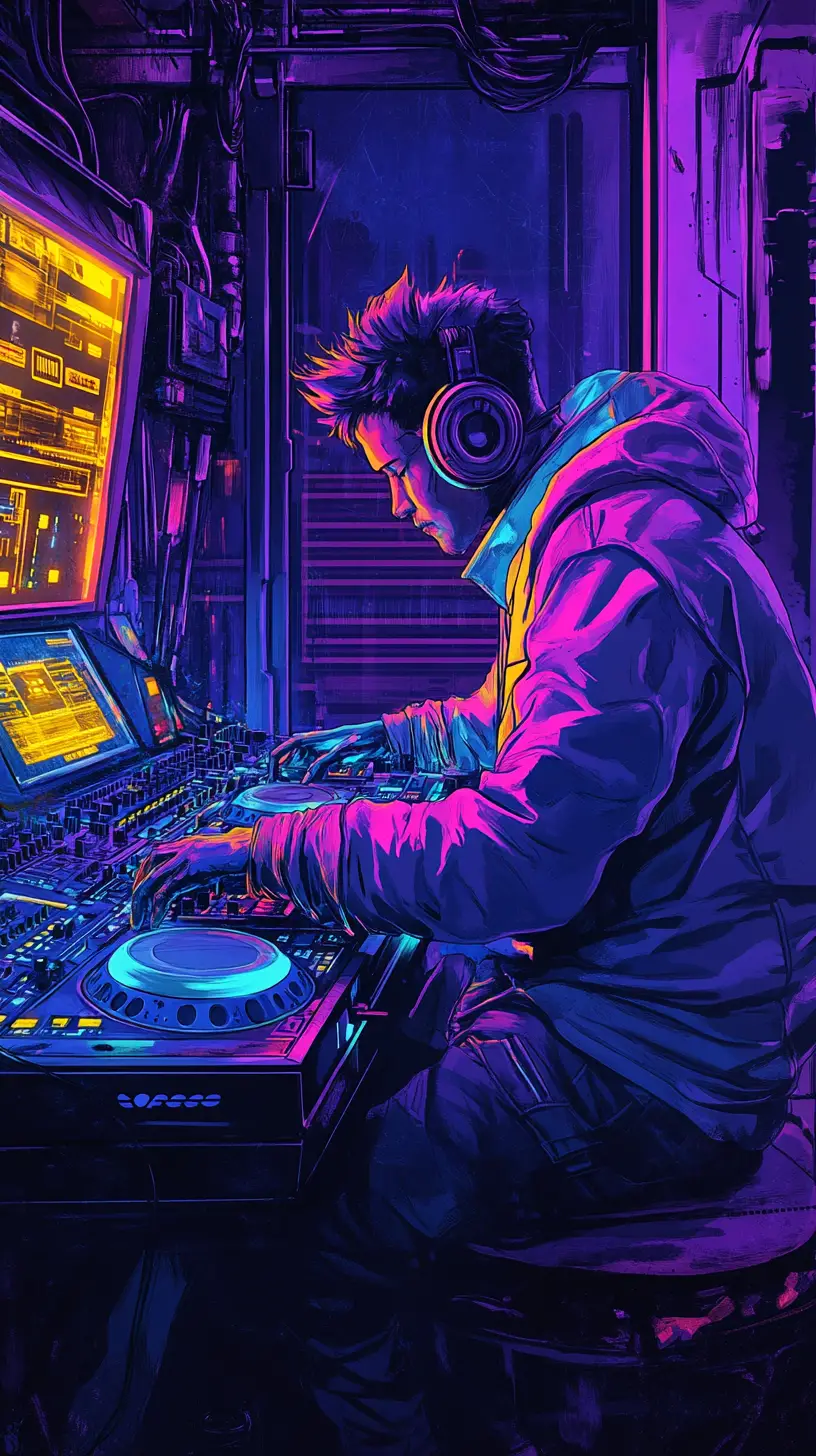 Neon drenched cyberpunk dj in futuristic subway club