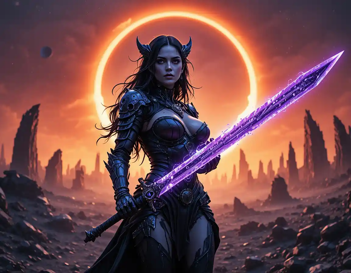 Dark paladin woman with violet runeblade under eclipse