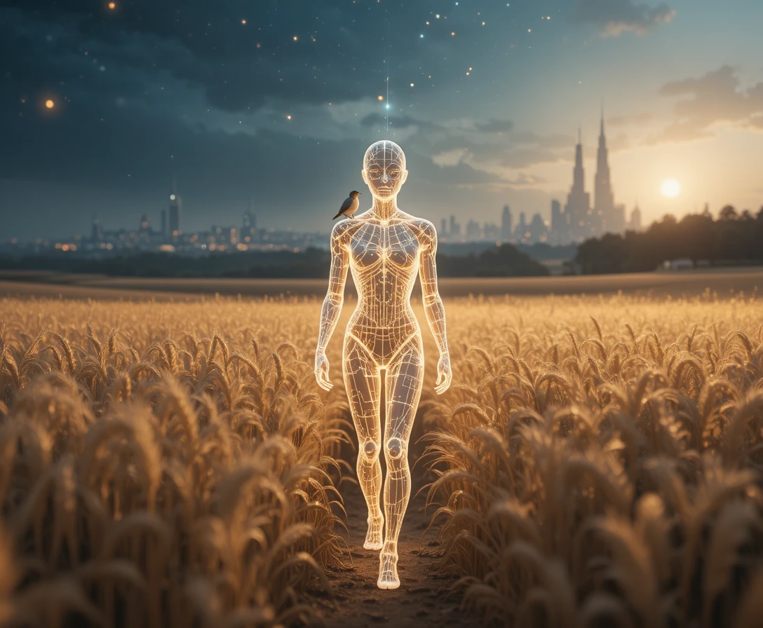 Ethereal digital figure walking through glowing wheat field