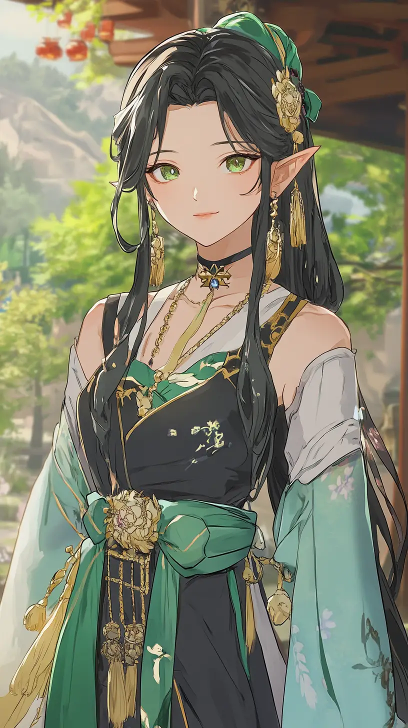 Sad anime girl in a golden green dress at forest temple