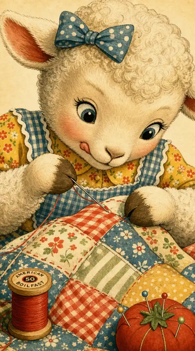 Cute little lamb sewing a colorful handmade quilt