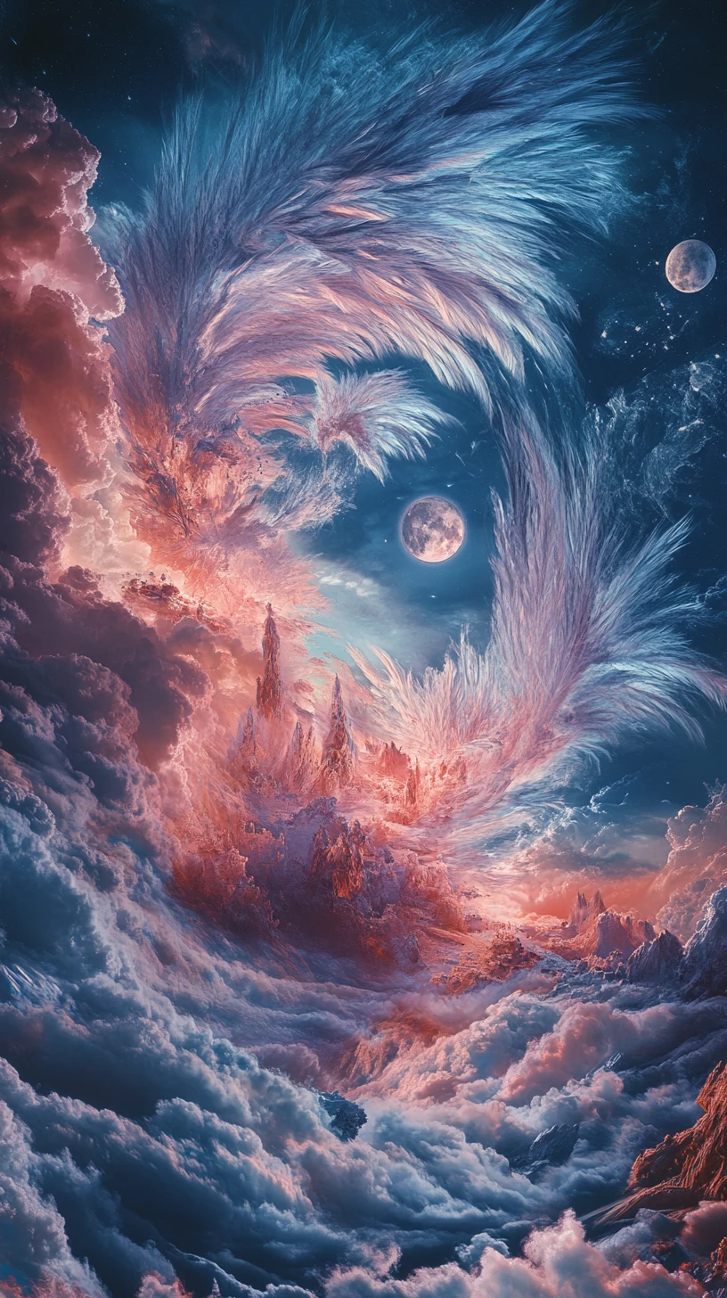Glowing feather storm swirling across a surreal sky
