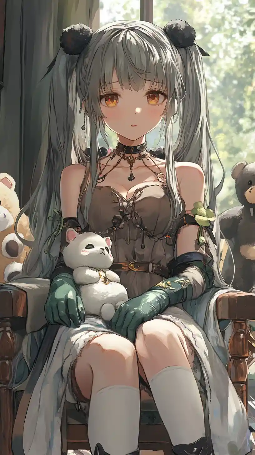 Anime girl with silver hair holding a stuffed kitten